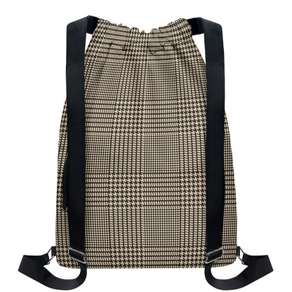 Brown And Beige Glen Plaid Print Drawstring Backpack