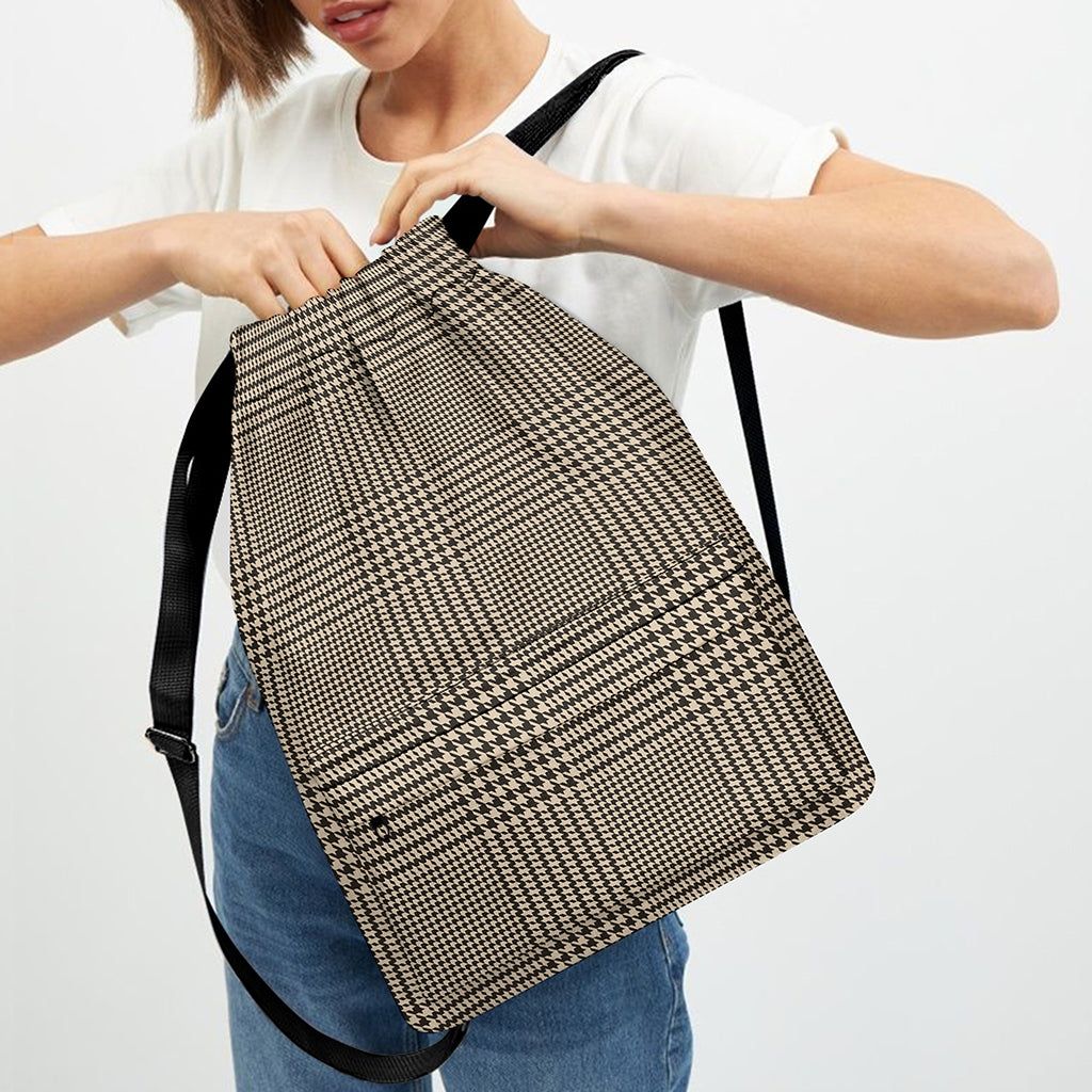 Brown And Beige Glen Plaid Print Drawstring Backpack