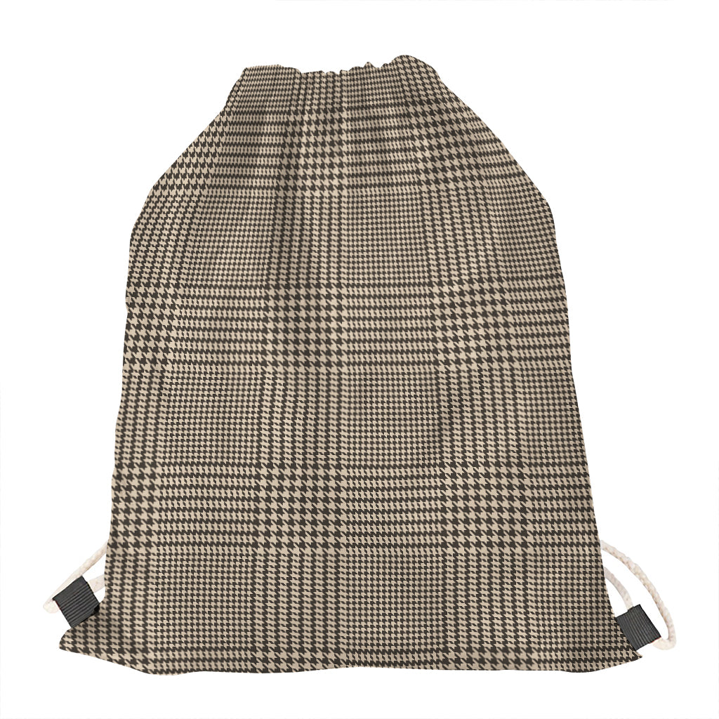 Brown And Beige Glen Plaid Print Drawstring Bag