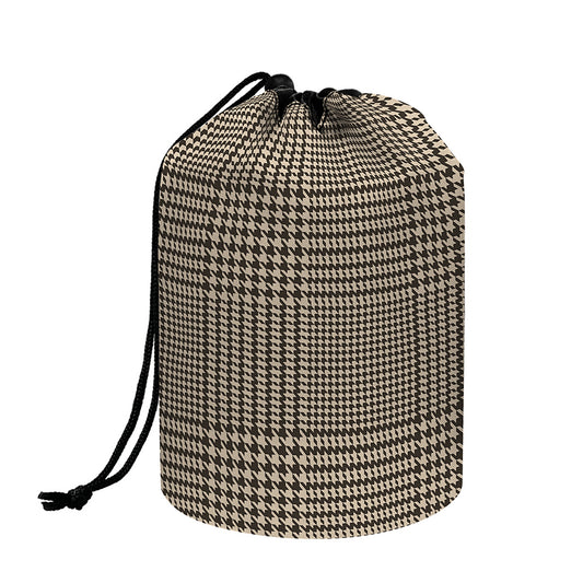 Brown And Beige Glen Plaid Print Drawstring Makeup Bag
