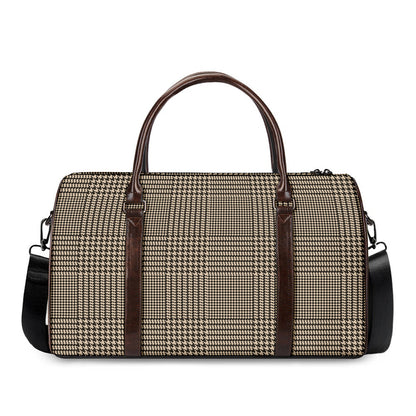Brown And Beige Glen Plaid Print Duffle Bag