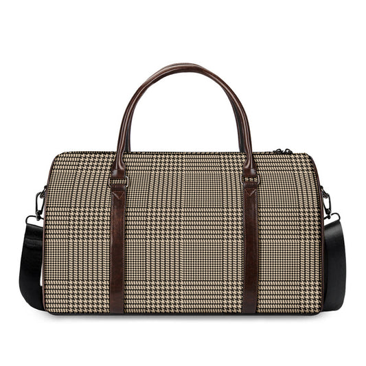 Brown And Beige Glen Plaid Print Duffle Bag