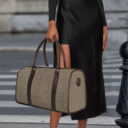 Brown And Beige Glen Plaid Print Duffle Bag