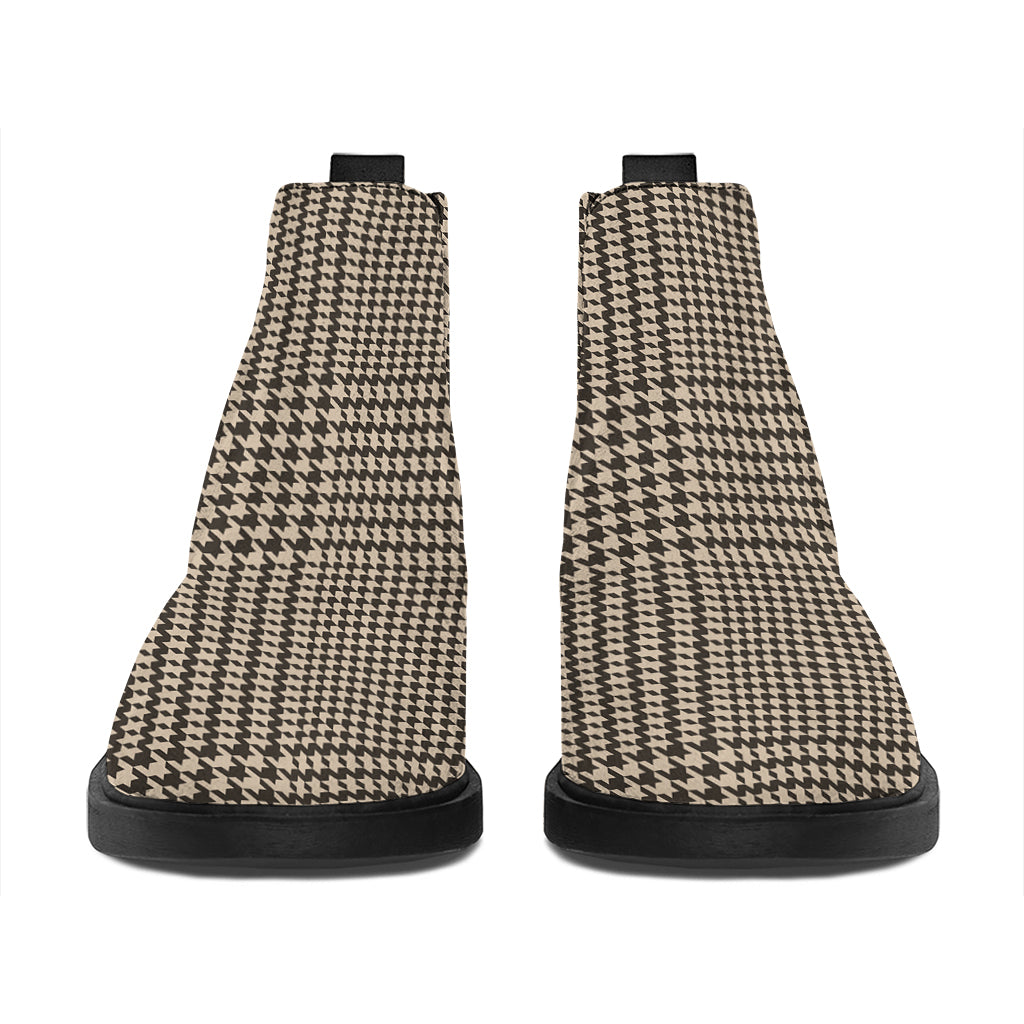 Brown And Beige Glen Plaid Print Flat Ankle Boots