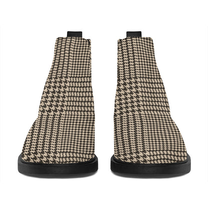 Brown And Beige Glen Plaid Print Flat Ankle Boots