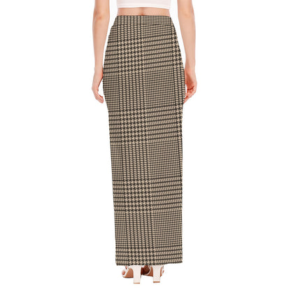 Brown And Beige Glen Plaid Print High Slit Maxi Skirt