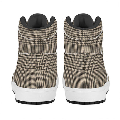 Brown And Beige Glen Plaid Print High Top Leather Sneakers