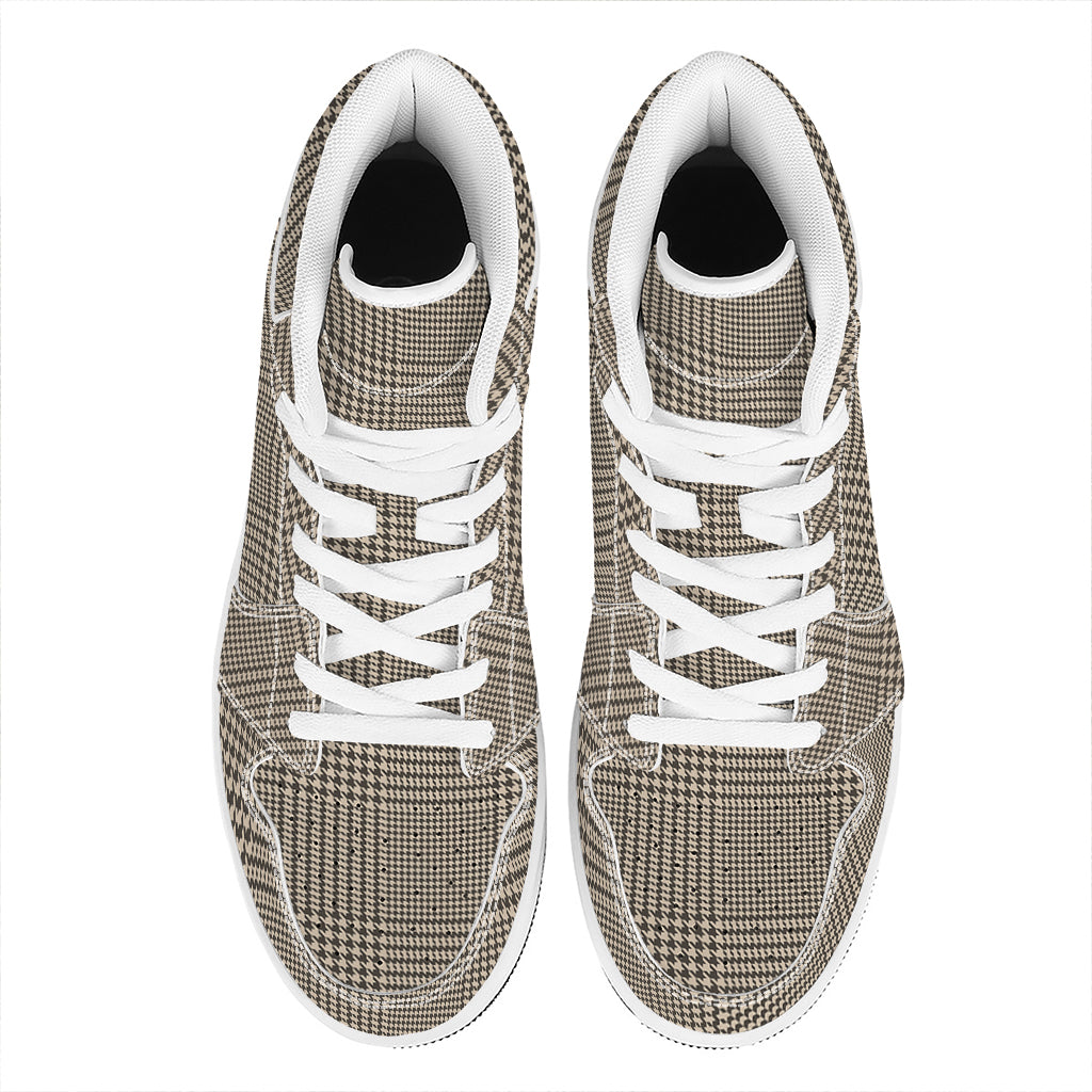 Brown And Beige Glen Plaid Print High Top Leather Sneakers
