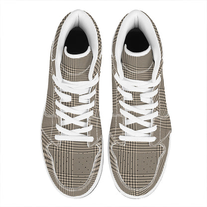 Brown And Beige Glen Plaid Print High Top Leather Sneakers