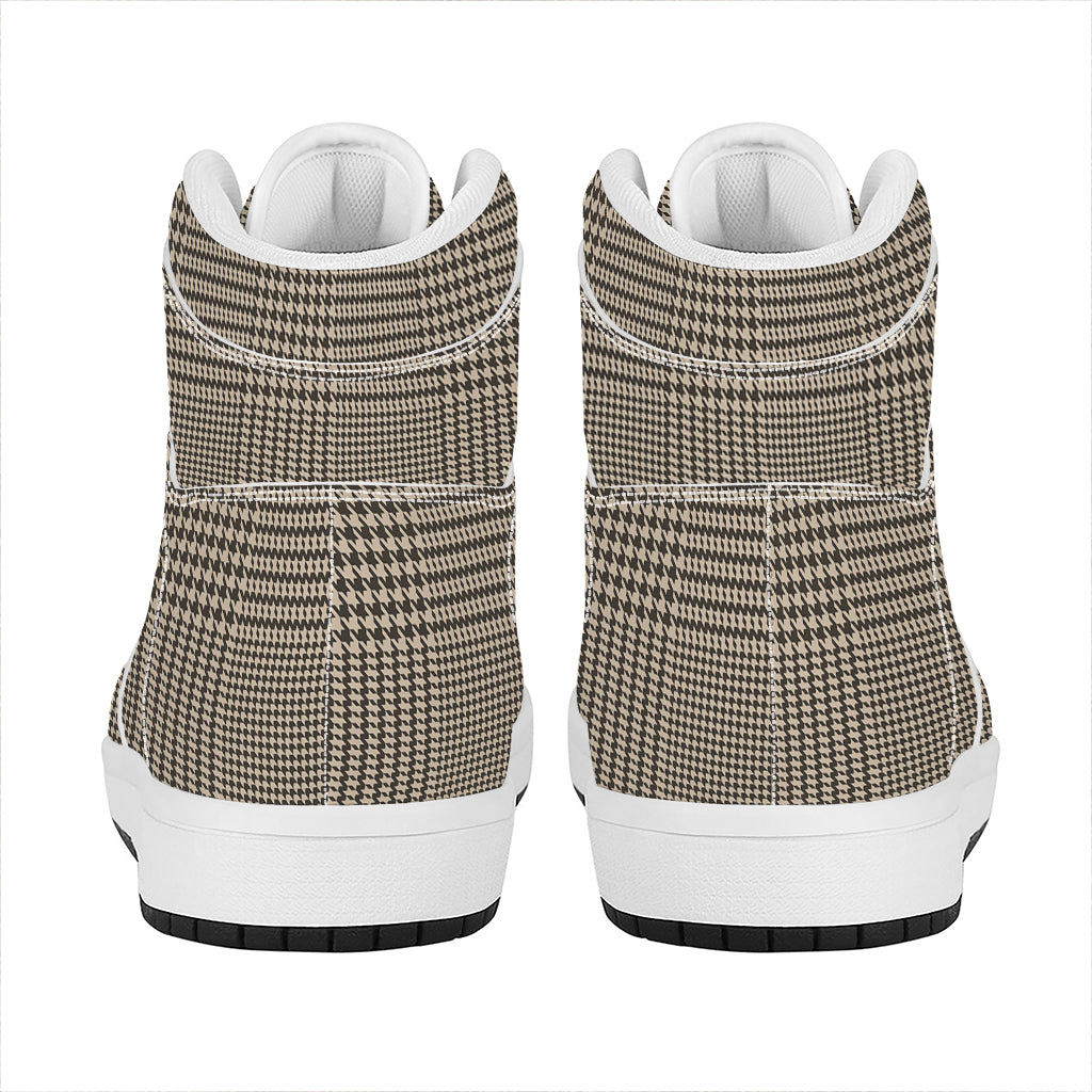 Brown And Beige Glen Plaid Print High Top Leather Sneakers