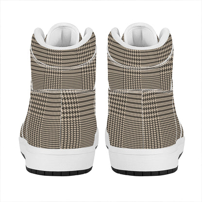 Brown And Beige Glen Plaid Print High Top Leather Sneakers