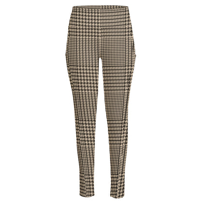 Brown And Beige Glen Plaid Print High-Waisted Pocket Leggings