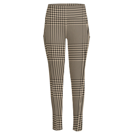 Brown And Beige Glen Plaid Print High-Waisted Pocket Leggings