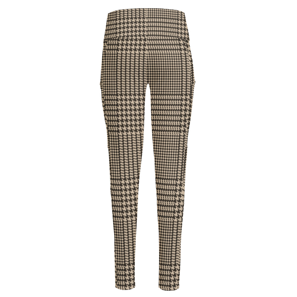 Brown And Beige Glen Plaid Print High-Waisted Pocket Leggings