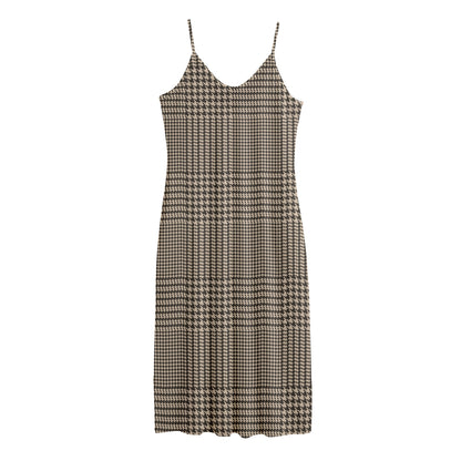 Brown And Beige Glen Plaid Print Jersey Midi Cami Dress