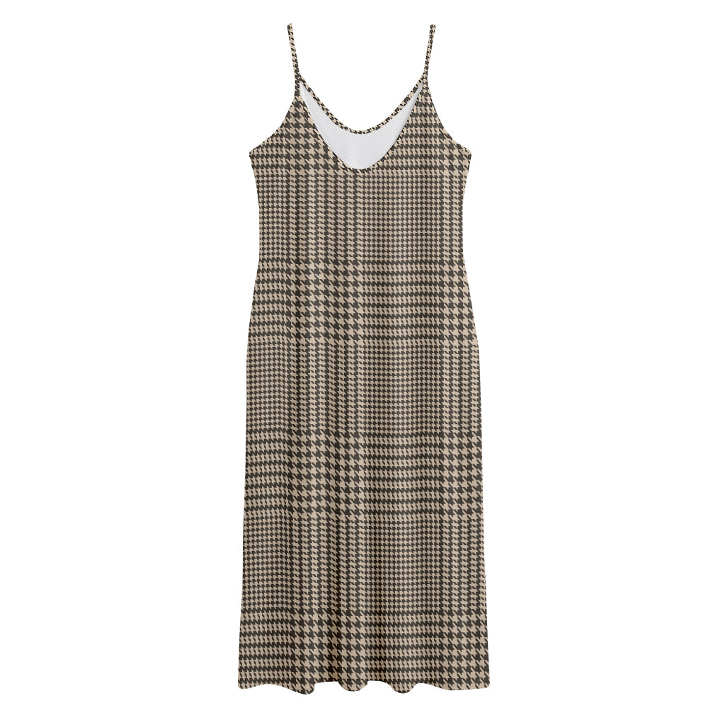 Brown And Beige Glen Plaid Print Jersey Midi Cami Dress