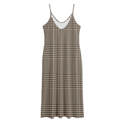 Brown And Beige Glen Plaid Print Jersey Midi Cami Dress