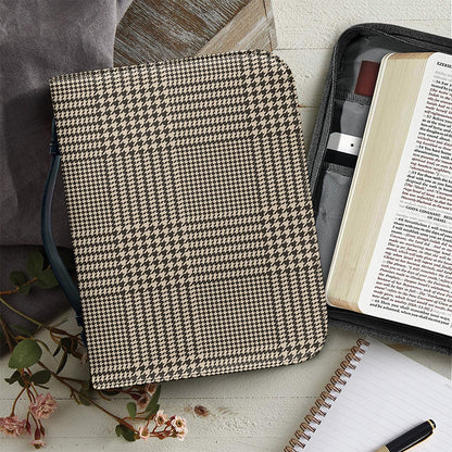 Brown And Beige Glen Plaid Print Leather Bible Cover