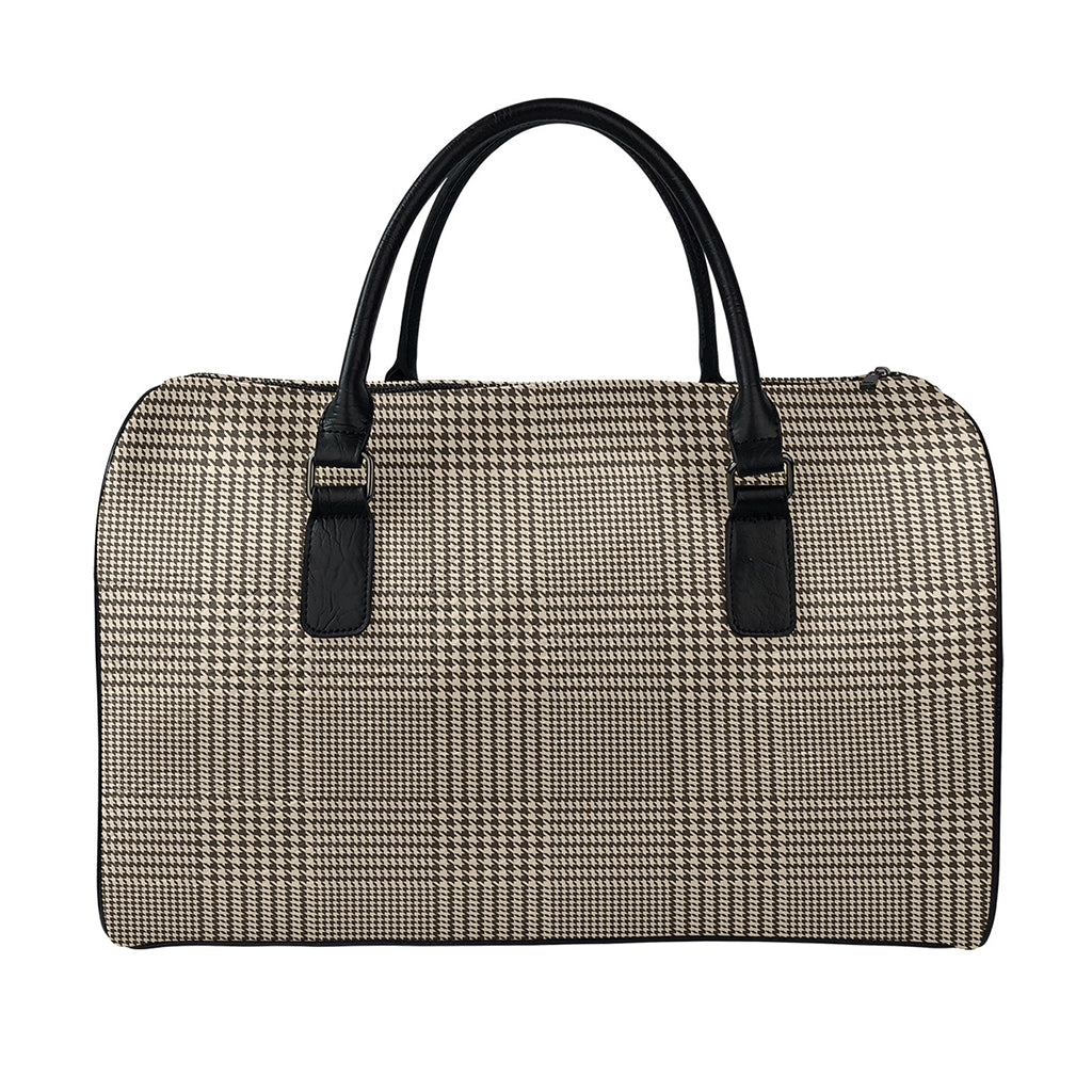 Brown And Beige Glen Plaid Print Leather Duffle Bag