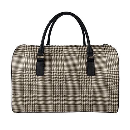 Brown And Beige Glen Plaid Print Leather Duffle Bag