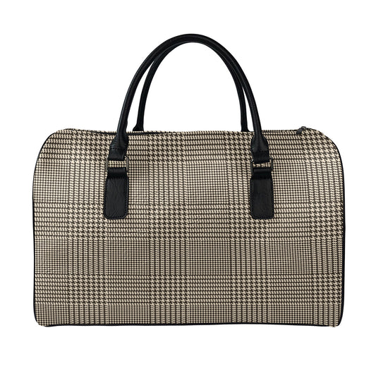 Brown And Beige Glen Plaid Print Leather Duffle Bag