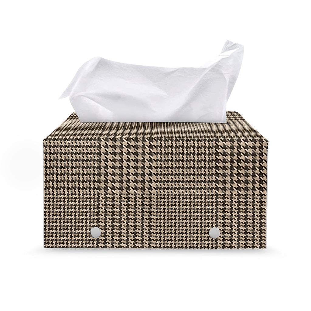 Brown And Beige Glen Plaid Print Leather Tissue Box Cover