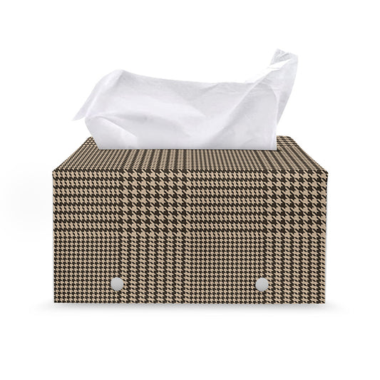 Brown And Beige Glen Plaid Print Leather Tissue Box Cover