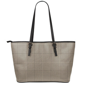 Brown And Beige Glen Plaid Print Leather Tote Bag