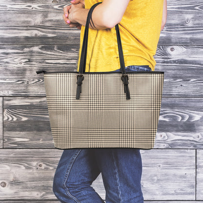 Brown And Beige Glen Plaid Print Leather Tote Bag