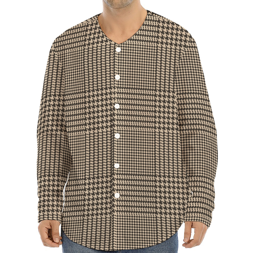 Brown And Beige Glen Plaid Print Long Sleeve Baseball Jersey