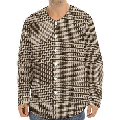 Brown And Beige Glen Plaid Print Long Sleeve Baseball Jersey