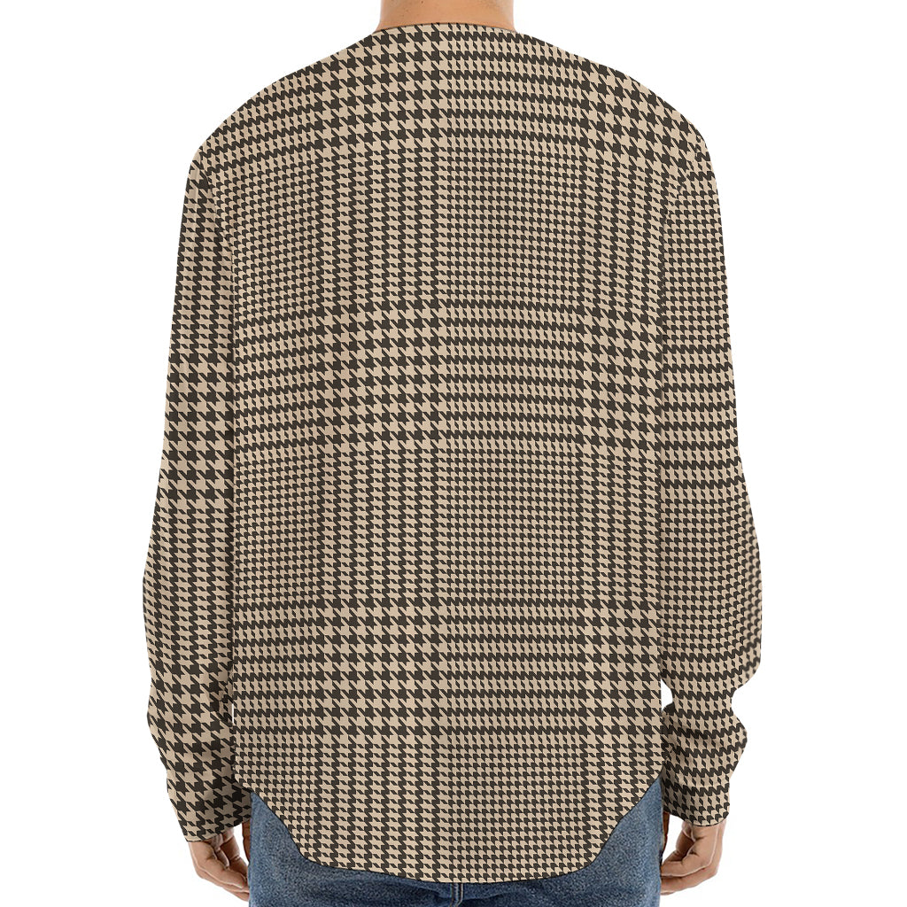 Brown And Beige Glen Plaid Print Long Sleeve Baseball Jersey