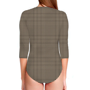 Brown And Beige Glen Plaid Print Long Sleeve Swimsuit