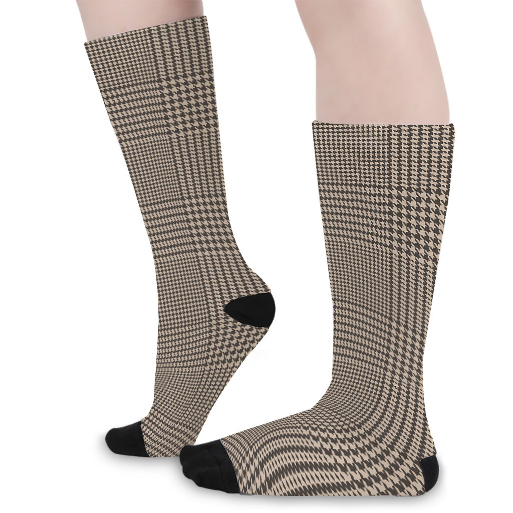 Brown And Beige Glen Plaid Print Long Socks