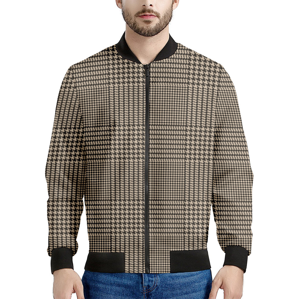 Brown And Beige Glen Plaid Print Men's Bomber Jacket
