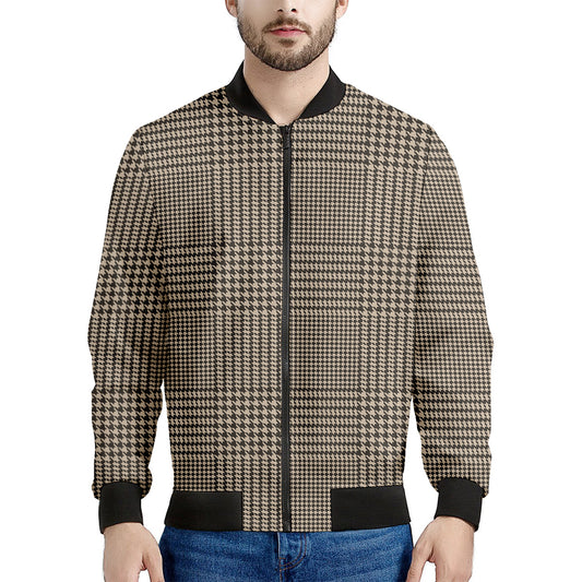 Brown And Beige Glen Plaid Print Men's Bomber Jacket