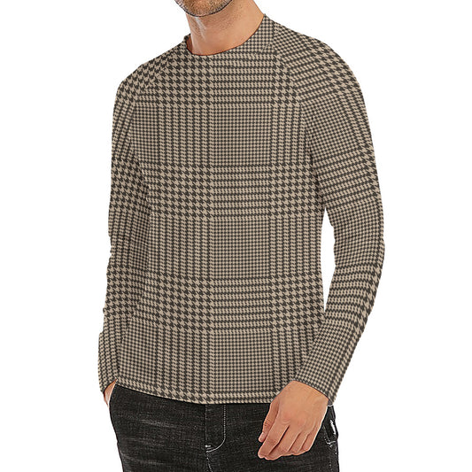 Brown And Beige Glen Plaid Print Men's Long Sleeve Rash Guard