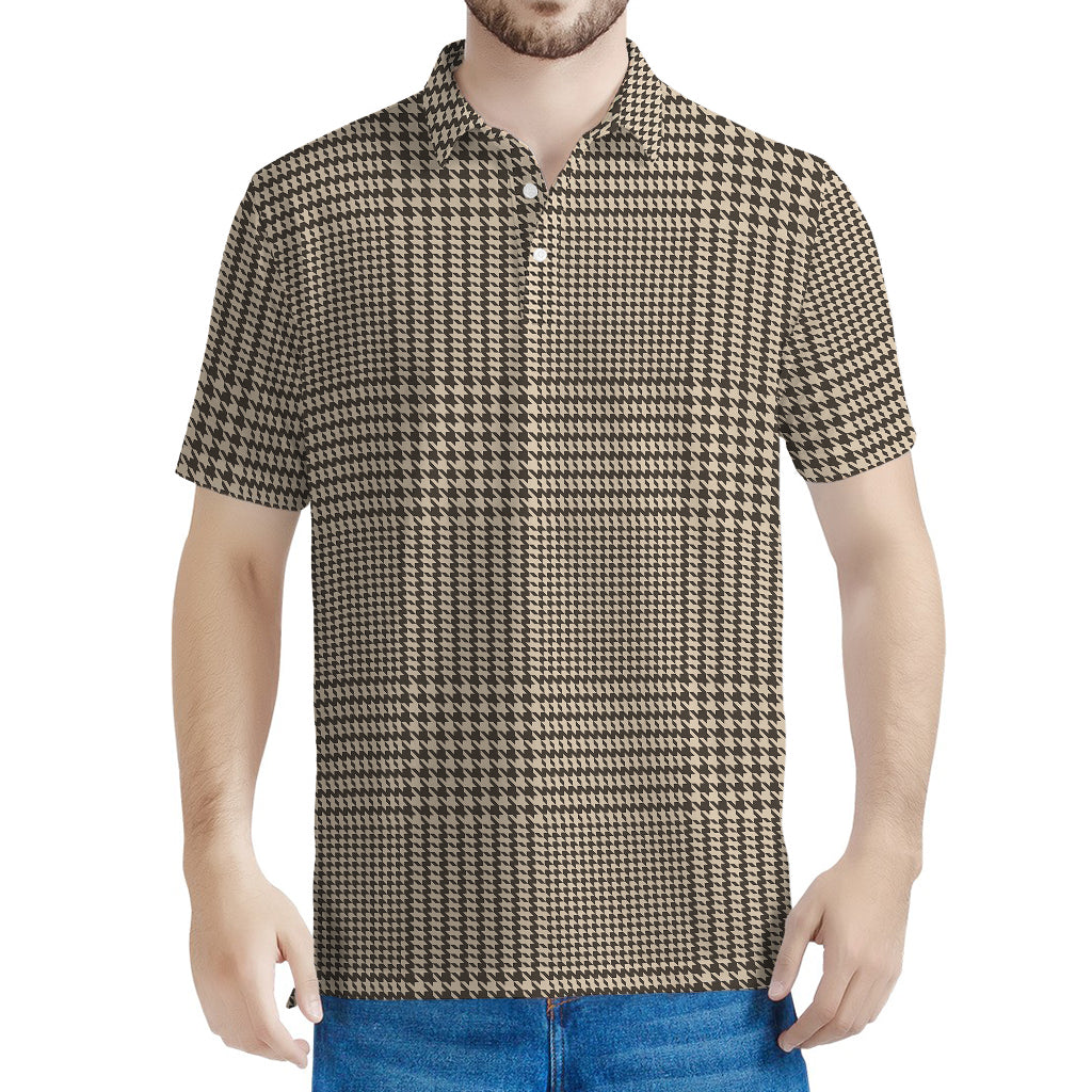 Brown And Beige Glen Plaid Print Men's Polo Shirt