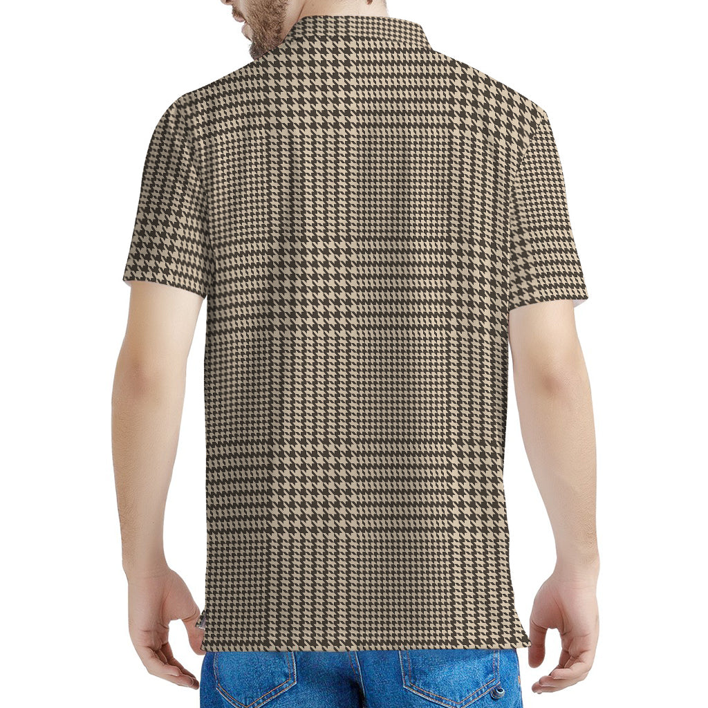 Brown And Beige Glen Plaid Print Men's Polo Shirt