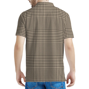 Brown And Beige Glen Plaid Print Men's Polo Shirt