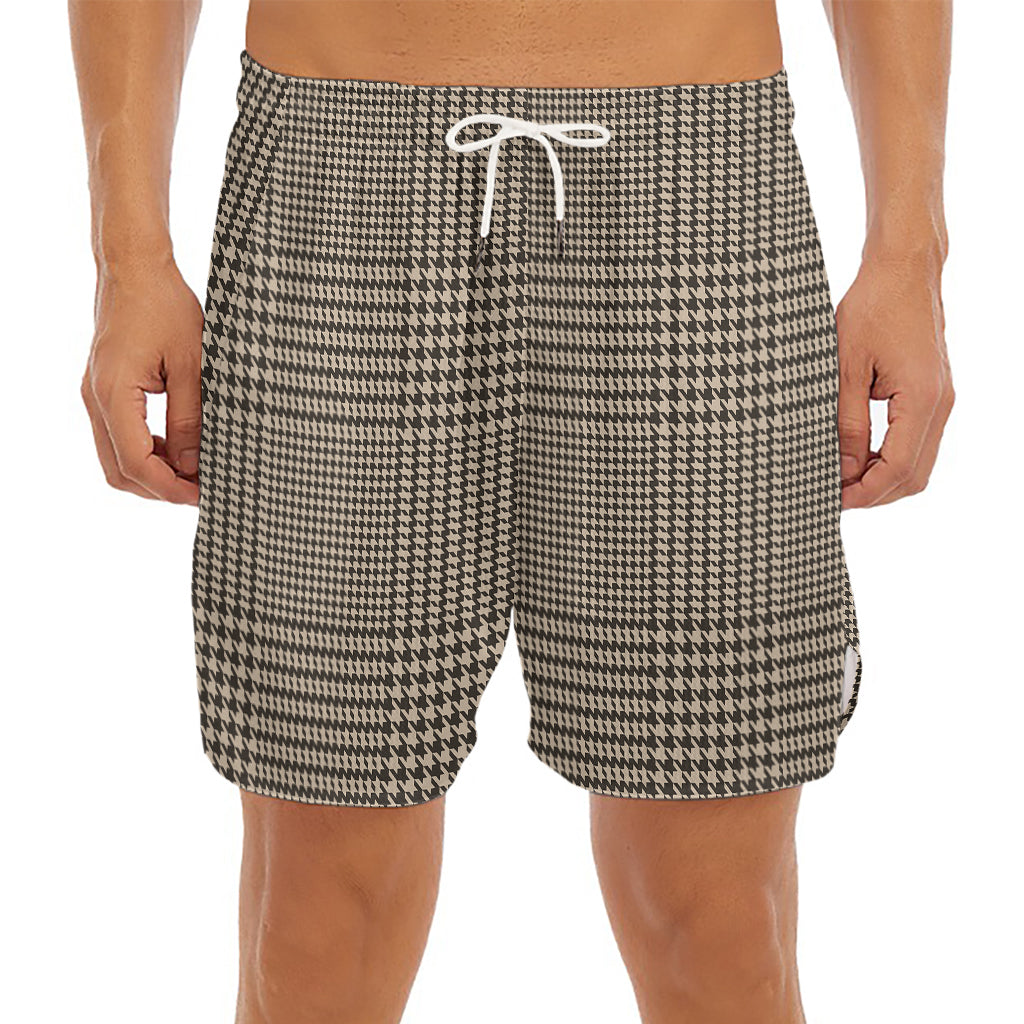Brown And Beige Glen Plaid Print Men's Split Running Shorts