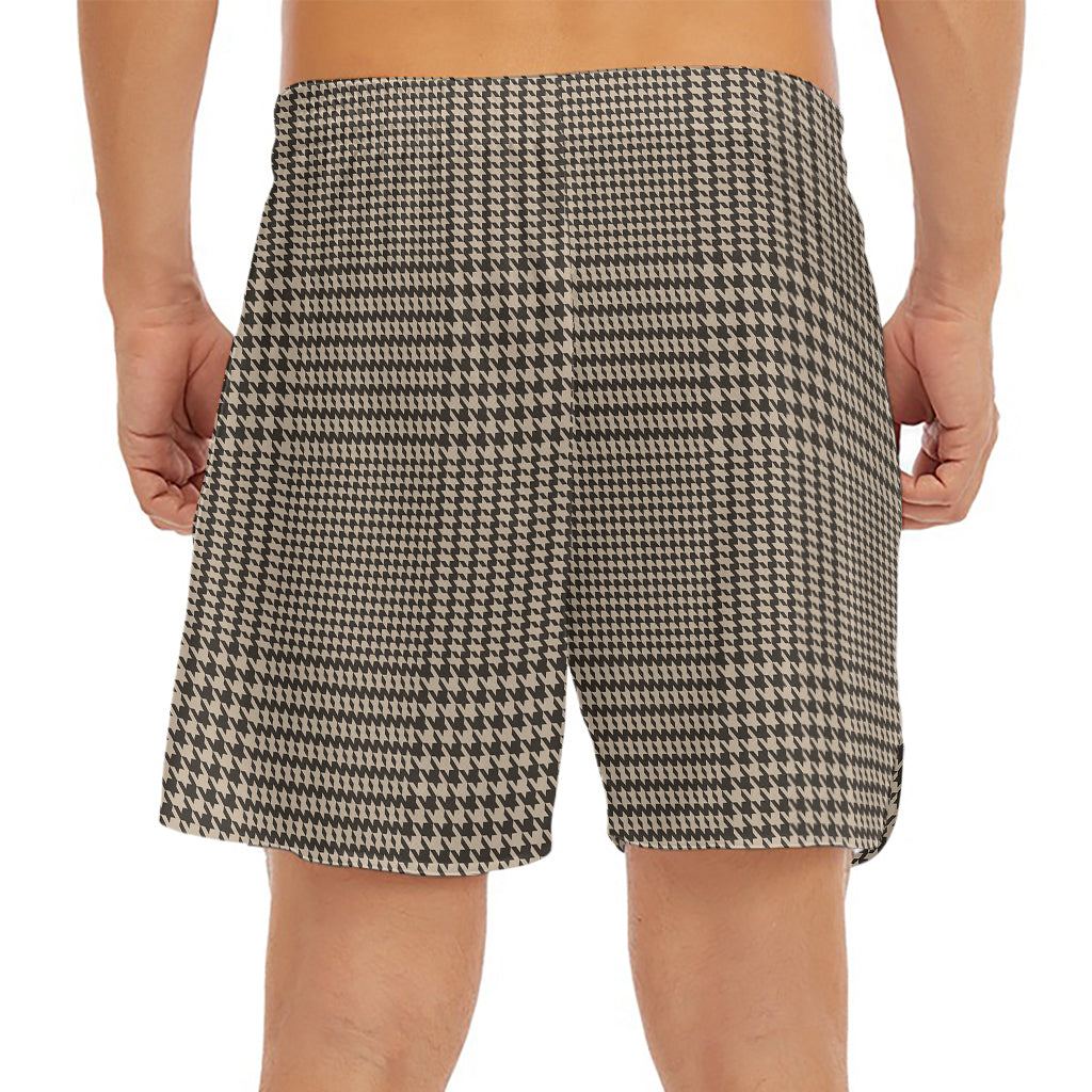 Brown And Beige Glen Plaid Print Men's Split Running Shorts