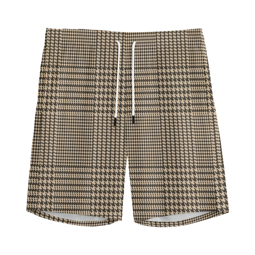 Brown And Beige Glen Plaid Print Men's Sports Shorts