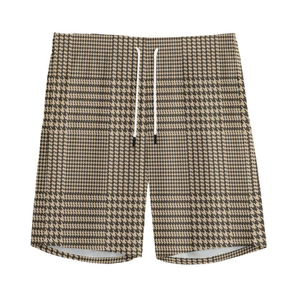 Brown And Beige Glen Plaid Print Men's Sports Shorts