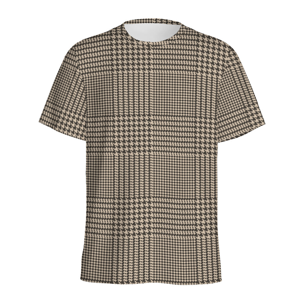 Brown And Beige Glen Plaid Print Men's Sports T-Shirt
