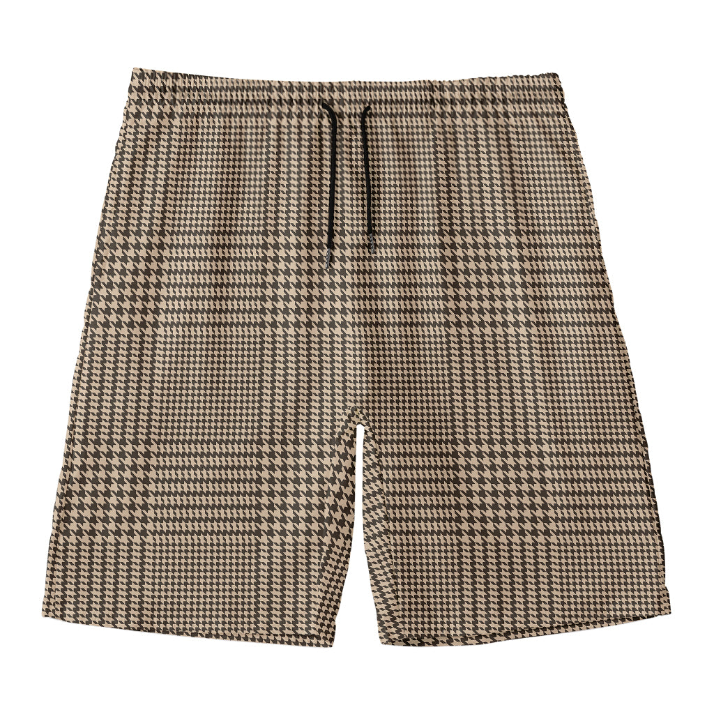 Brown And Beige Glen Plaid Print Men's Swim Trunks