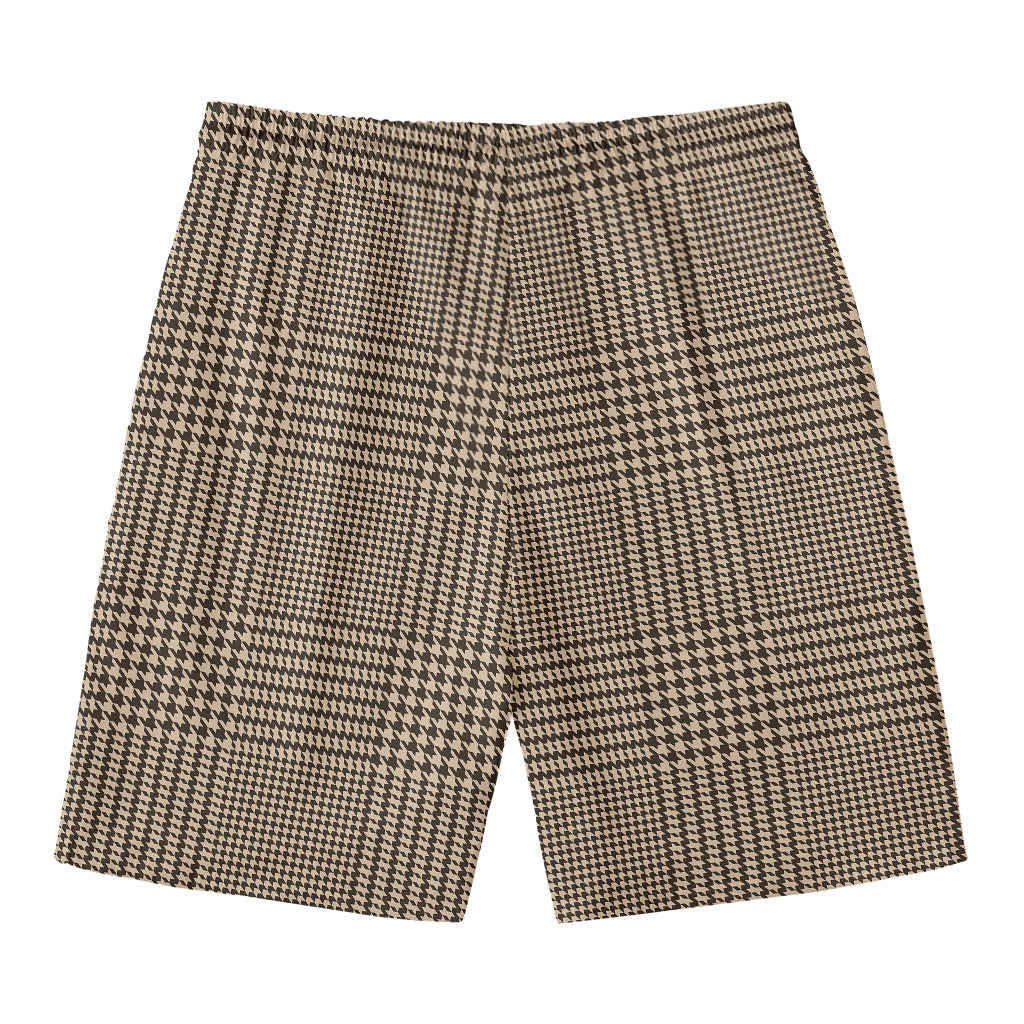 Brown And Beige Glen Plaid Print Men's Swim Trunks