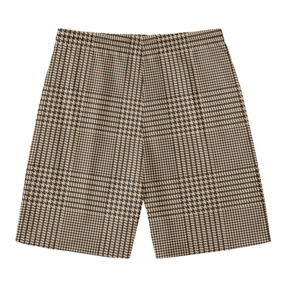 Brown And Beige Glen Plaid Print Men's Swim Trunks