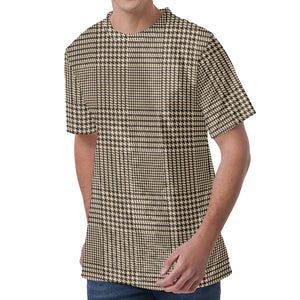 Brown And Beige Glen Plaid Print Men's Velvet T-Shirt