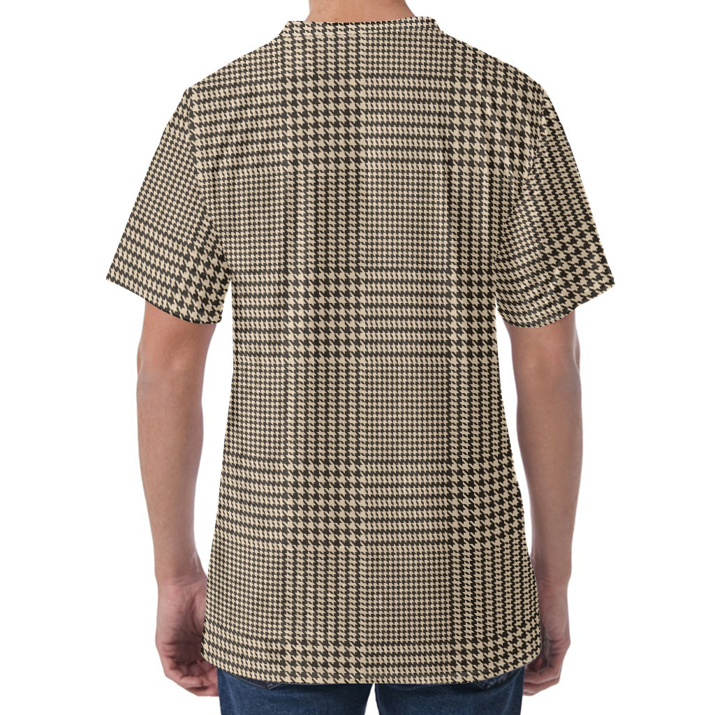 Brown And Beige Glen Plaid Print Men's Velvet T-Shirt